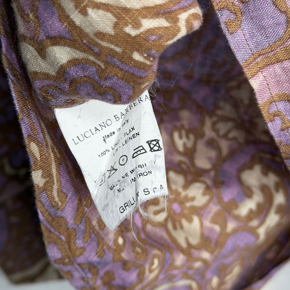 Luciano Barbera 100% Linen Button Down Shirt Purple Brown Paisley Italy LARGE - Picture 10 of 10